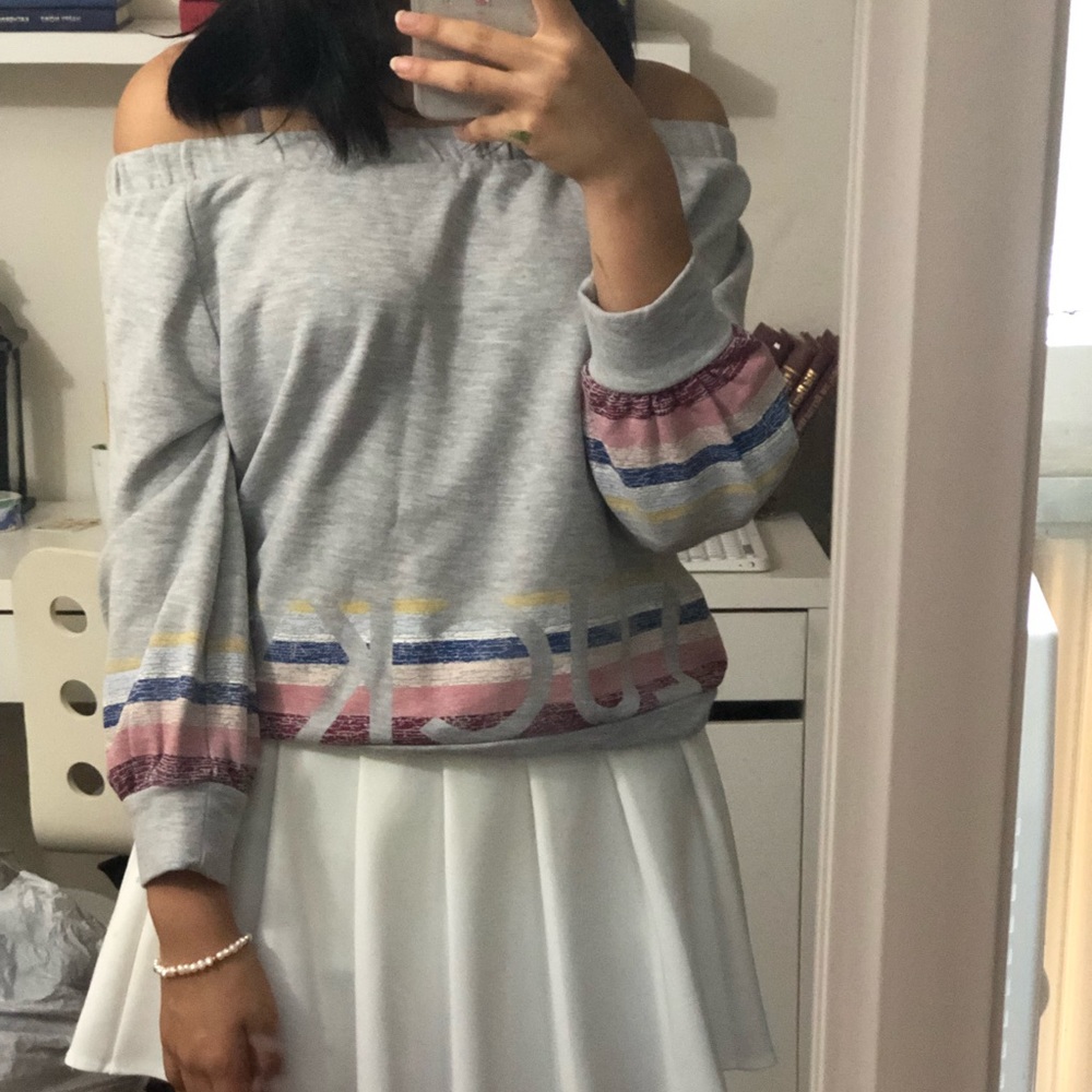 small grey + multicolor, off the shoulder sweater